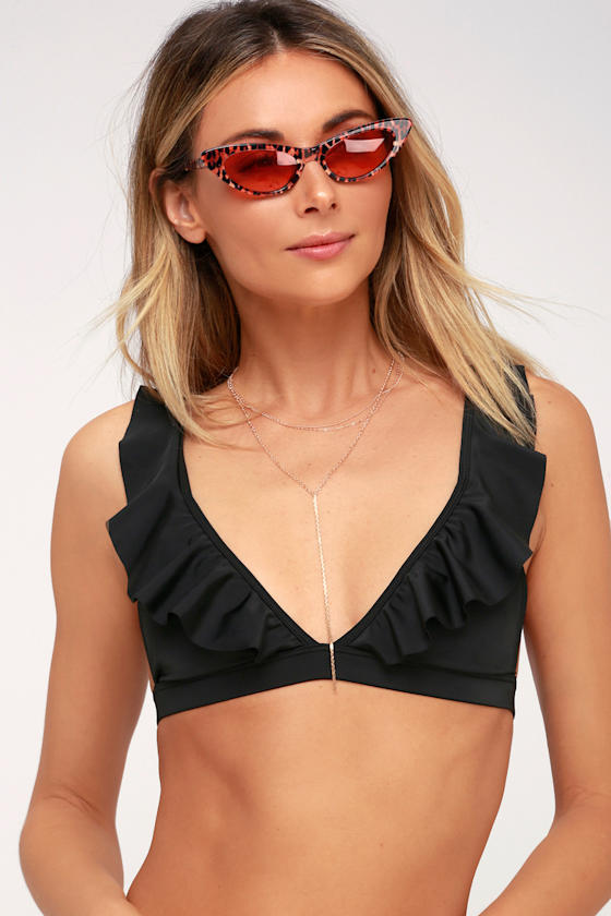 Black Bikini Top Ruffled Triangle Bikini Top Lulus