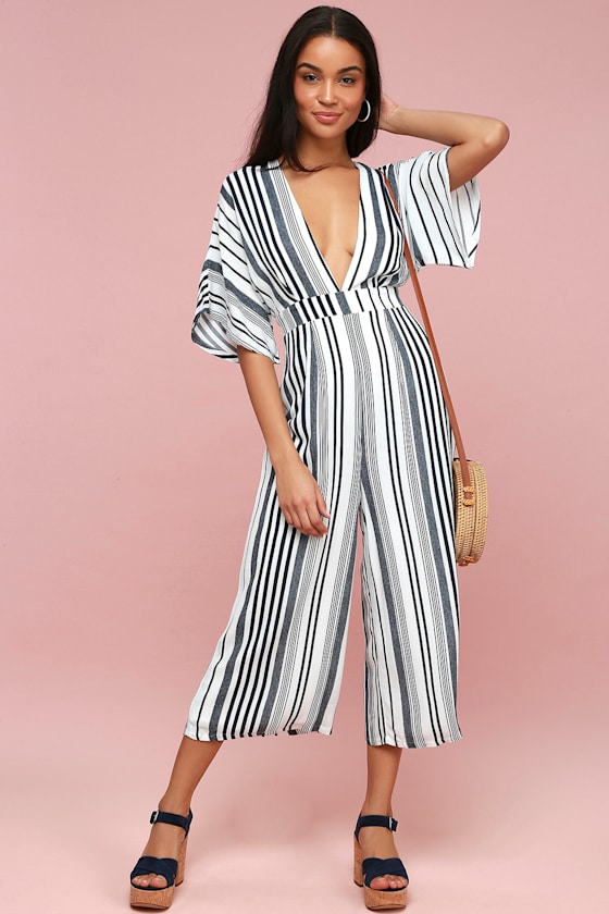 Hook, Line, and Sinker Navy Blue Striped Jumpsuit 2