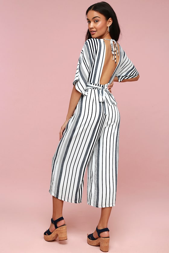 Hook, Line, and Sinker Navy Blue Striped Jumpsuit 3