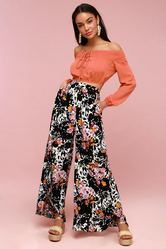 Late Night Black Floral Print Wide-Leg Pants 1
