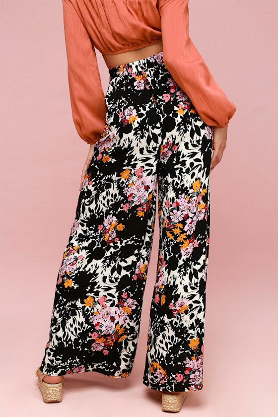Late Night Black Floral Print Wide-Leg Pants 7