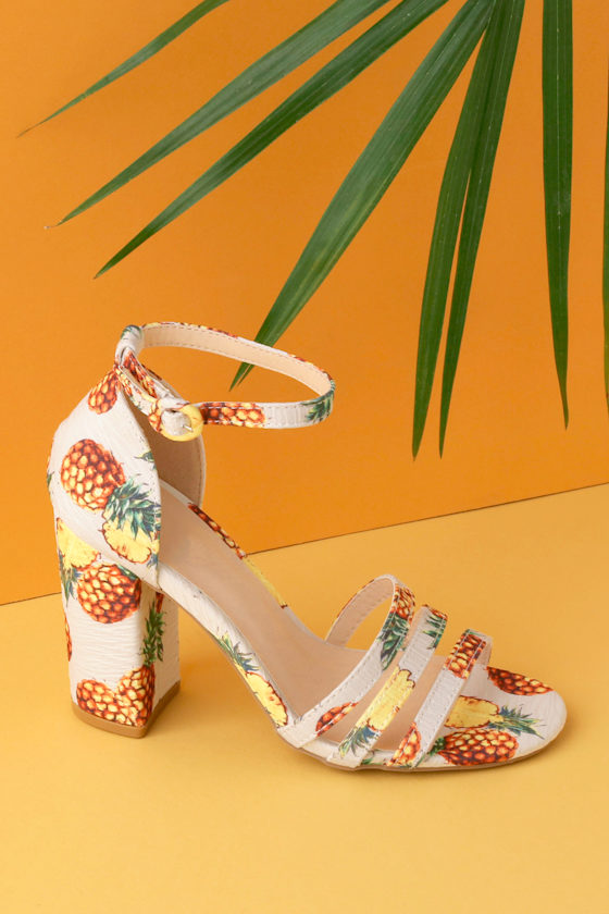 Jadey White Multi Pineapple Print Ankle Strap Heels 5
