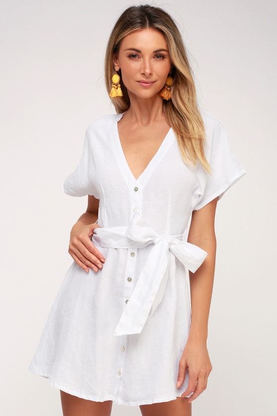 white linen button up dress