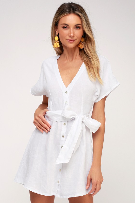 white button down linen dress