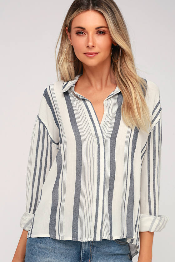 Martha Top - Ivory Navy Floral Stripe