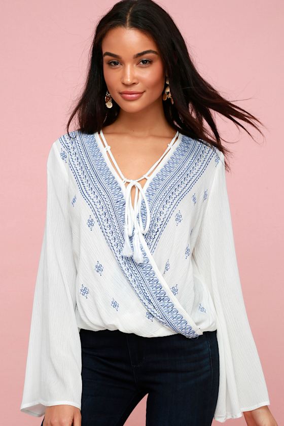 Coastline Cruising Blue and White Embroidered Bell Sleeve Top 3