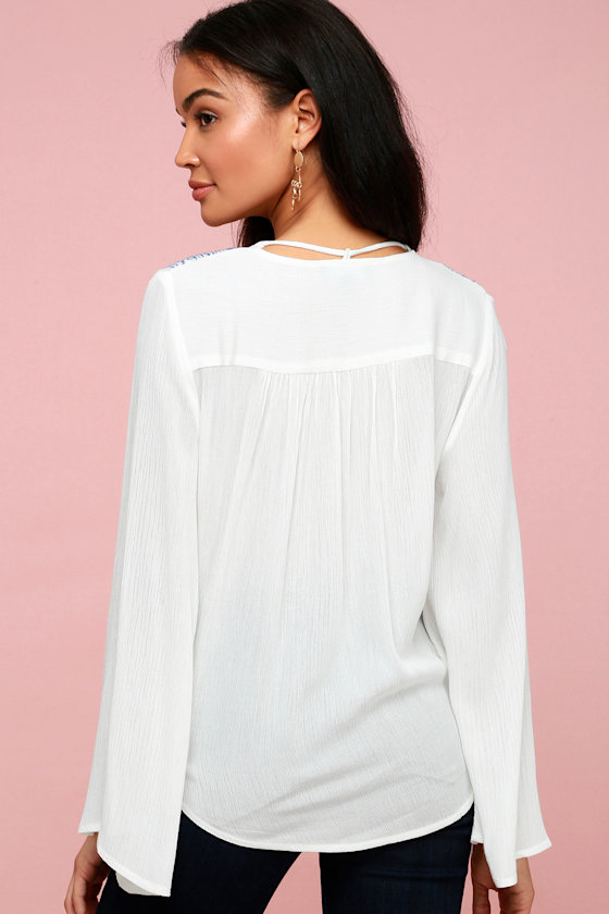 Coastline Cruising Blue and White Embroidered Bell Sleeve Top 4