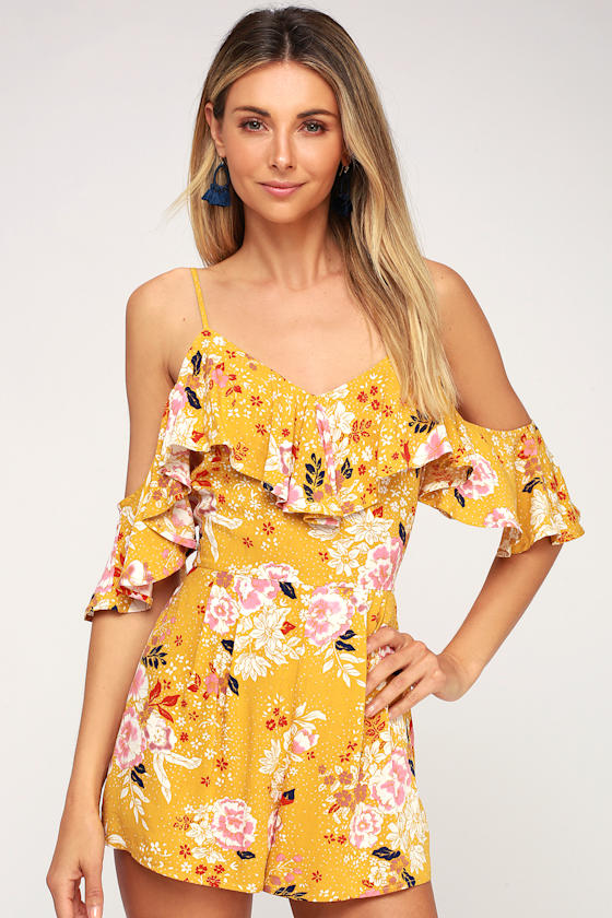 Mustard Yellow Floral Print Romper OfftheShoulder Romper Lulus