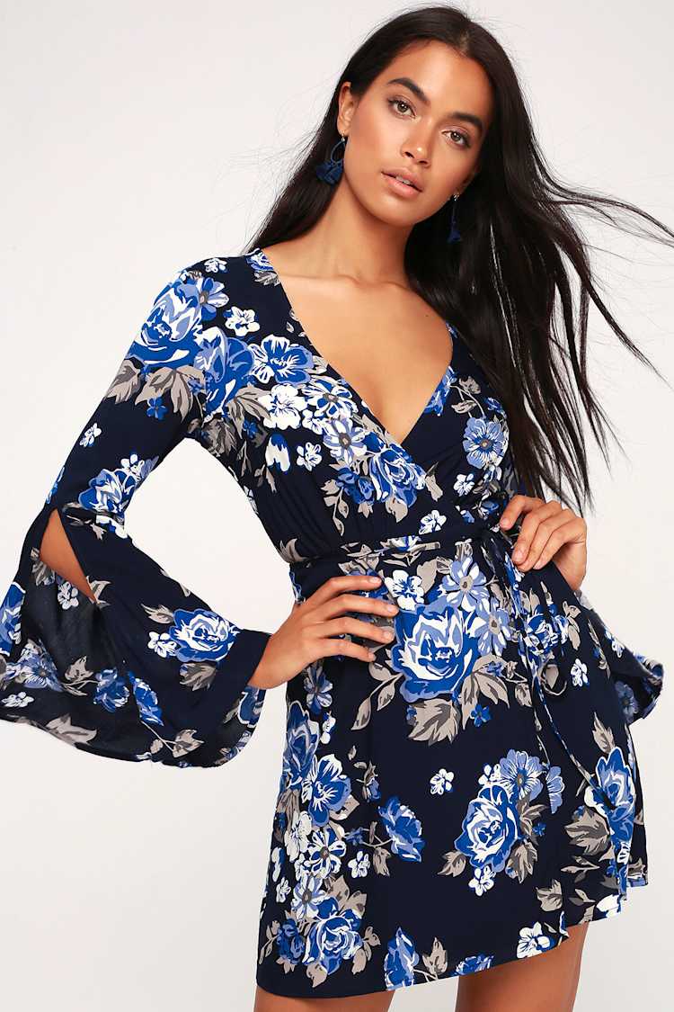 blue floral bell sleeve dress Lovely Navy Blue Floral Print Dress - Bell Sleeve Wrap Dress