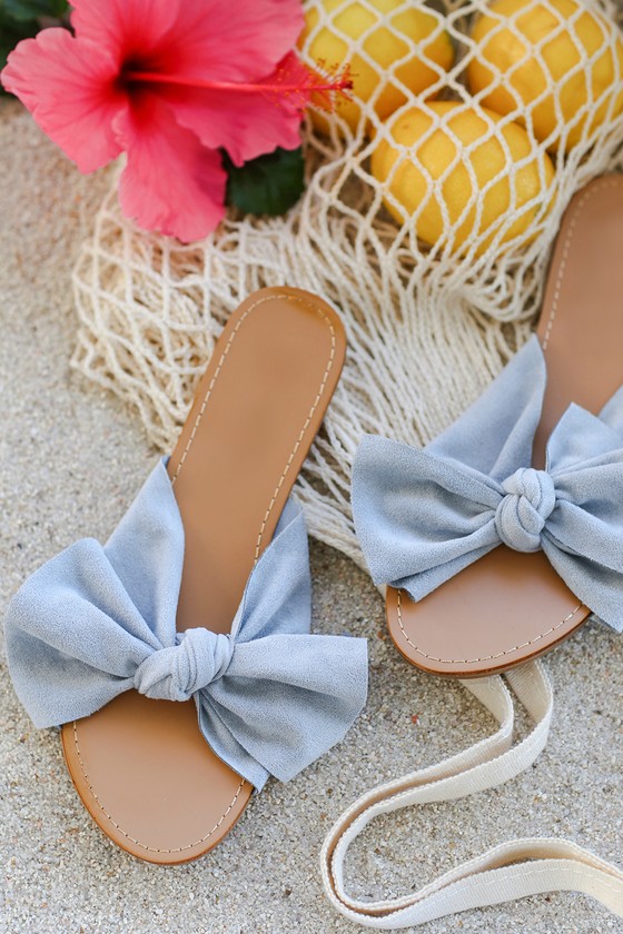 Cute Blue Denim Slide Sandals - Knotted Slide Sandals - Lulus