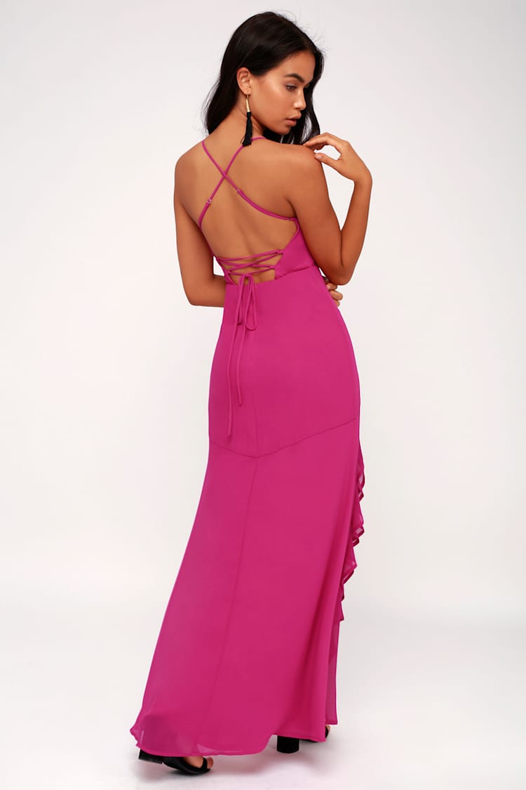 Elegant Magenta Dress - Lace-Up Dress - Front-Slit Dress - Lulus