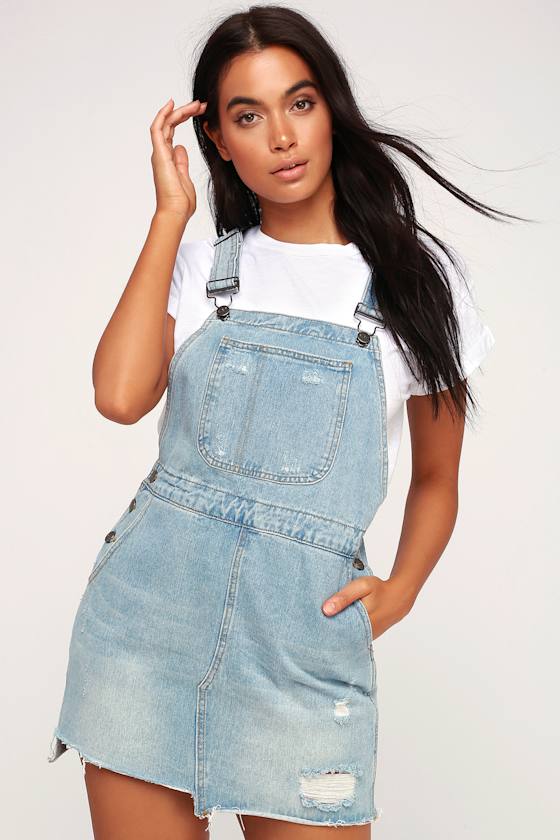 Skirtall Light Wash Distressed Denim Skirt Overalls 1