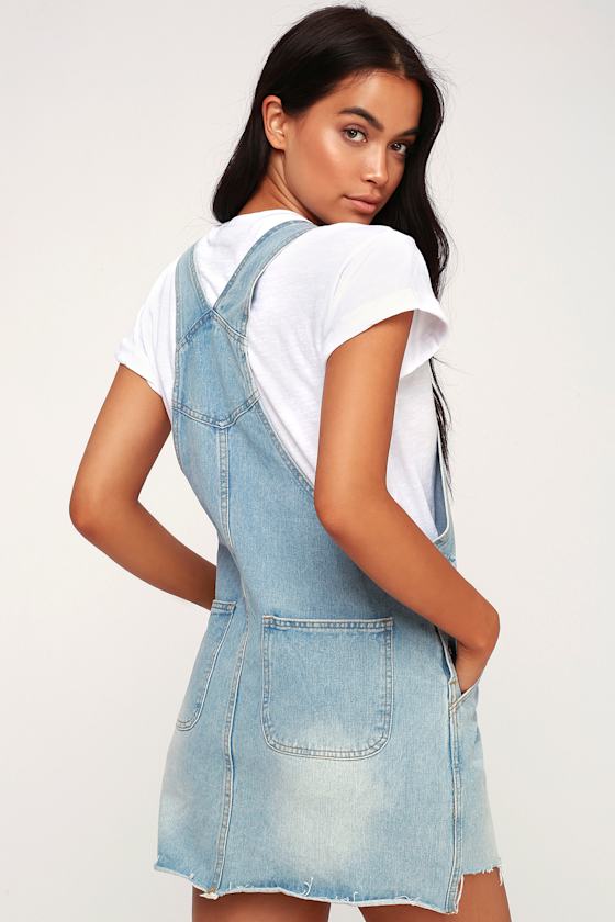 Skirtall Light Wash Distressed Denim Skirt Overalls 2