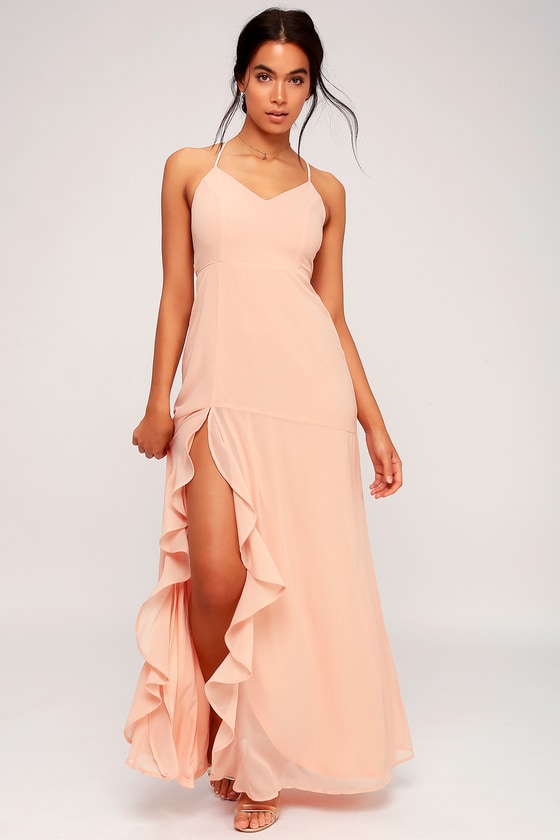 Elegant Blush Maxi Dress - Lace-Up Dress - Front-Slit Dress - Lulus