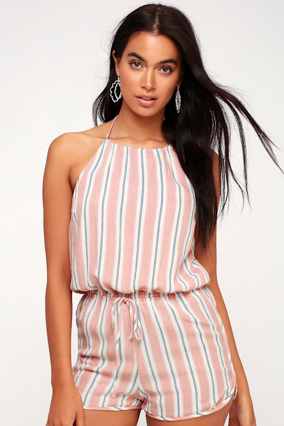 Cute Pink Romper Halter Romper Striped Romper Lulus