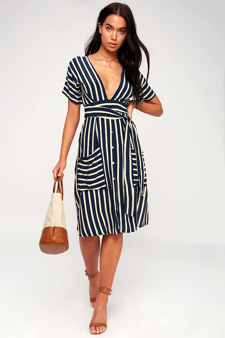 Faithfull the Brand Milan - Navy Blue Striped Midi Dress - Lulus