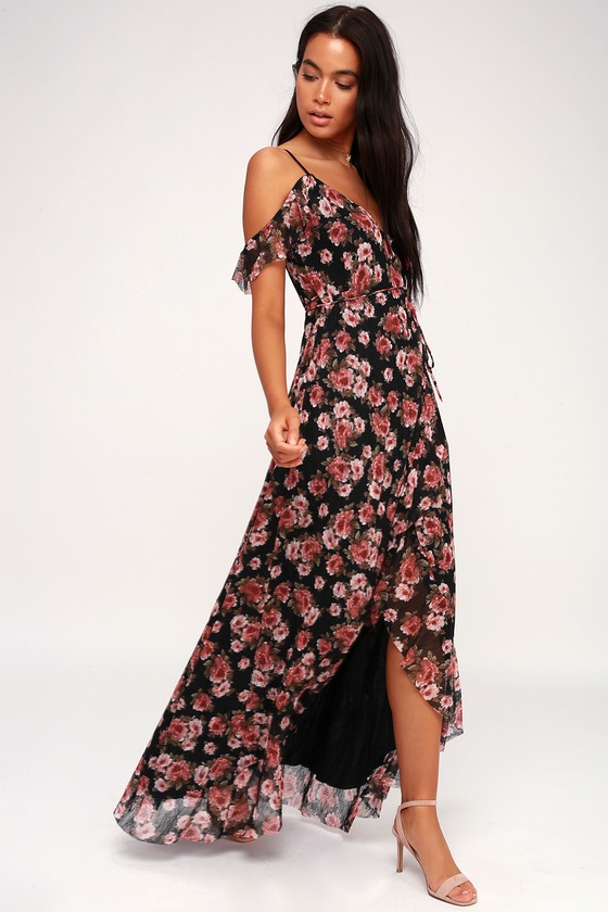 black floral off the shoulder maxi dress