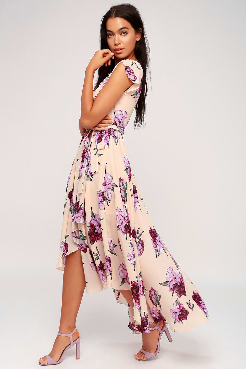 Blush Floral Print Dress - High-Low Dress - Wrap Dress - Lulus