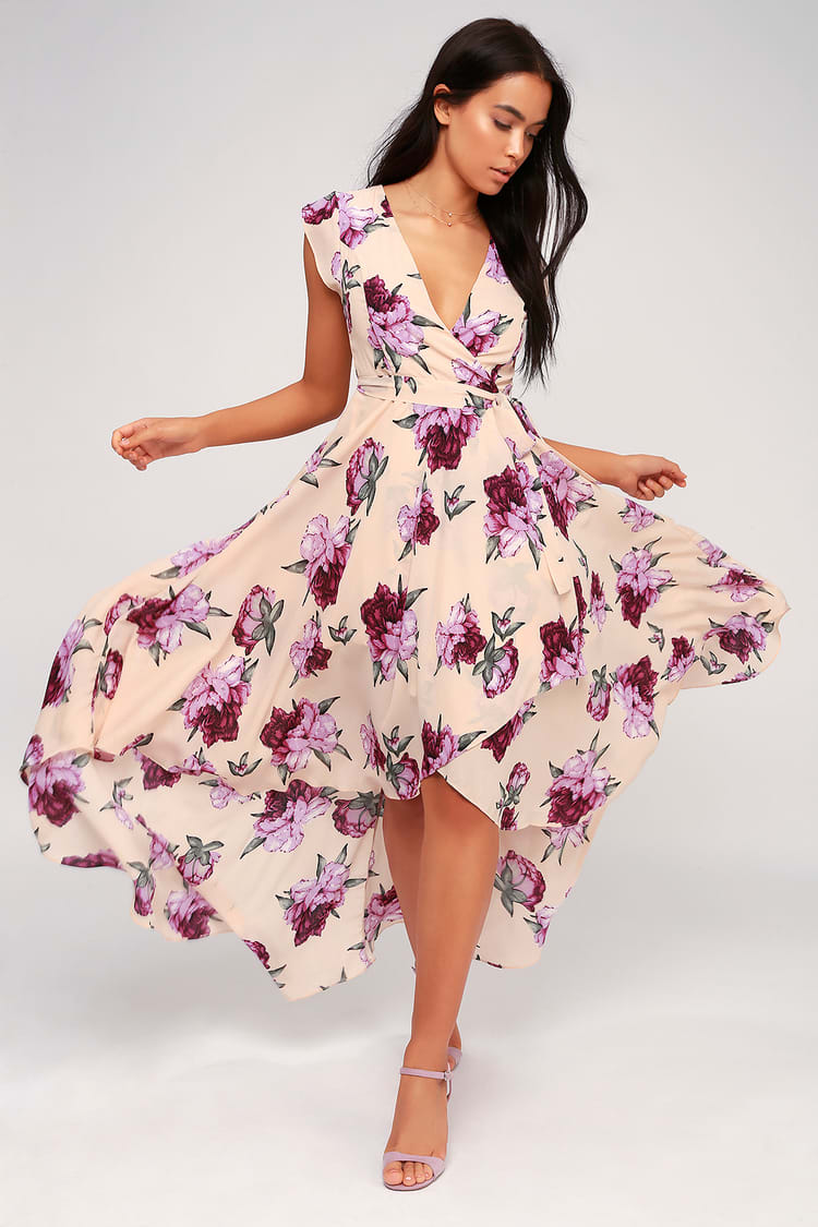 Blush Floral Print Dress - High-Low Dress - Wrap Dress - Lulus