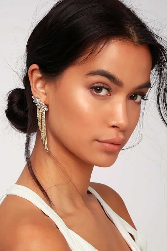 Lovely Gold Rhinestone Earrings Statement Earrings Lulus