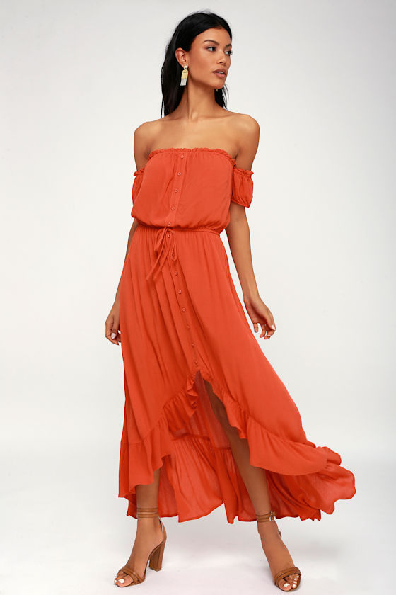 Natalia Red Orange Off-the-Shoulder High-Low Dress 1