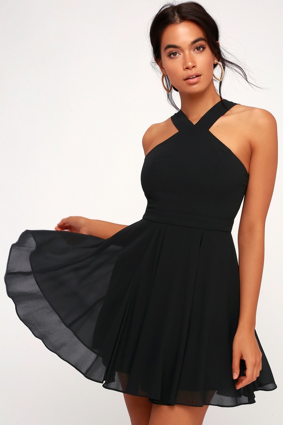 Lovely Black Dress - Halter Dress - Skater Dress - Lulus