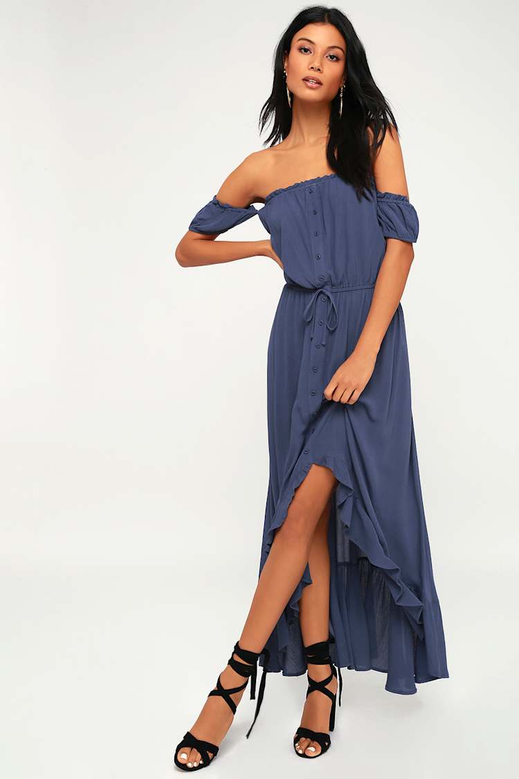 blue off the shoulder high low dress Blue Tulle Lace Off-the-Shoulder High-Low Tiered Prom Dress PSK397 US12 / As Picture main image 0