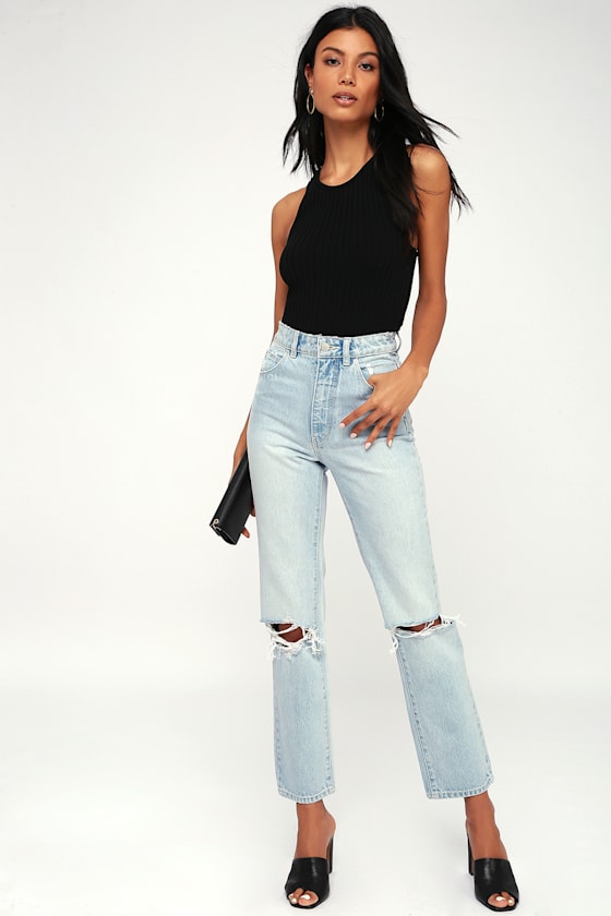 Original Straight Light Wash High Rise Distressed Cropped Jeans 1