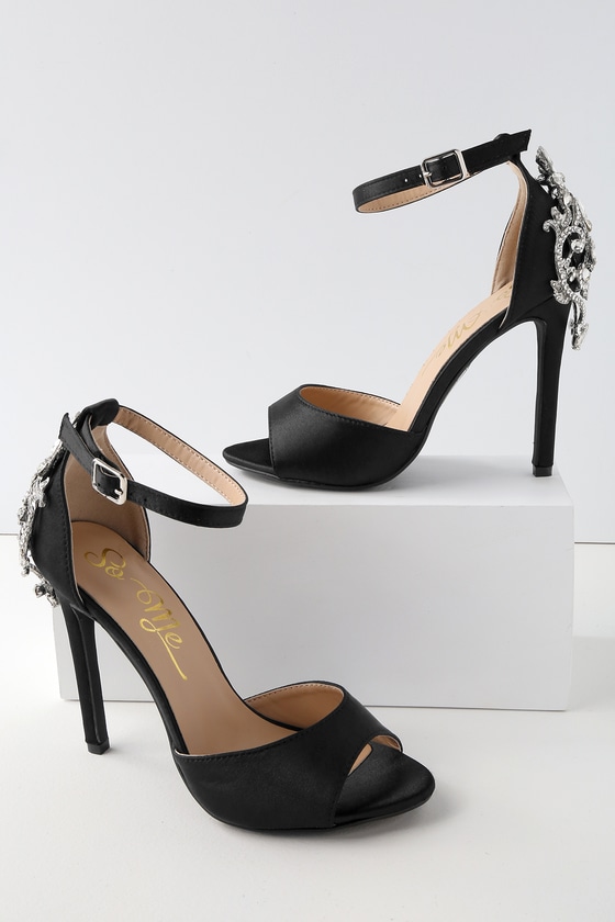Stunning Black Satin Heels - Rhinestone Peep-Toe Heels