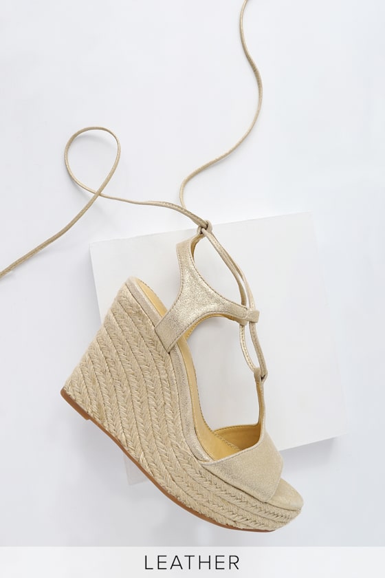 Fianna Gold Metallic Leather Lace-Up Espadrille Wedges 5