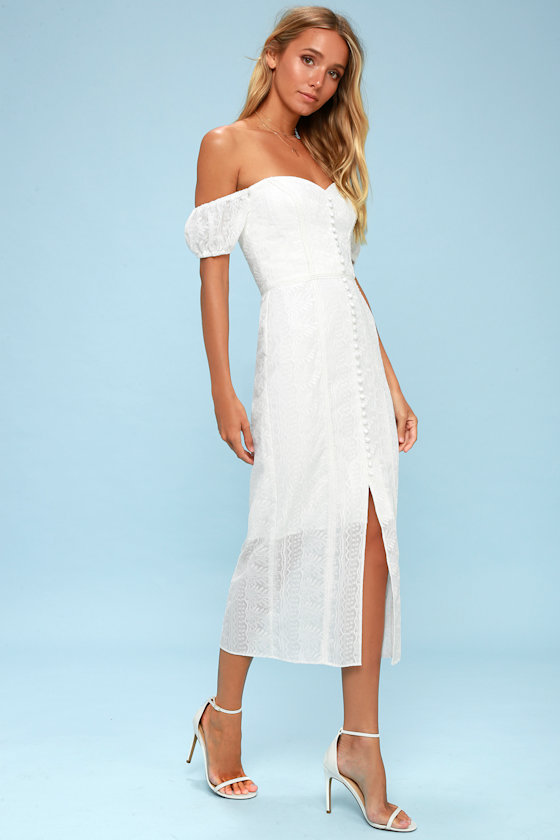 Maella White Embroidered Button-Up Off-the-Shoulder Midi Dress 1