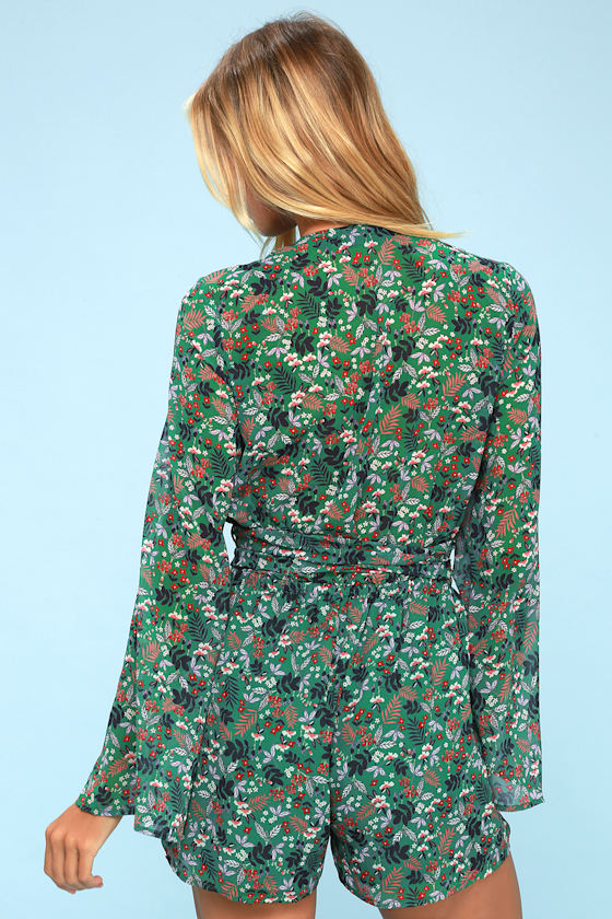 Viridian Green Floral Print Long Sleeve Wrap Romper 4