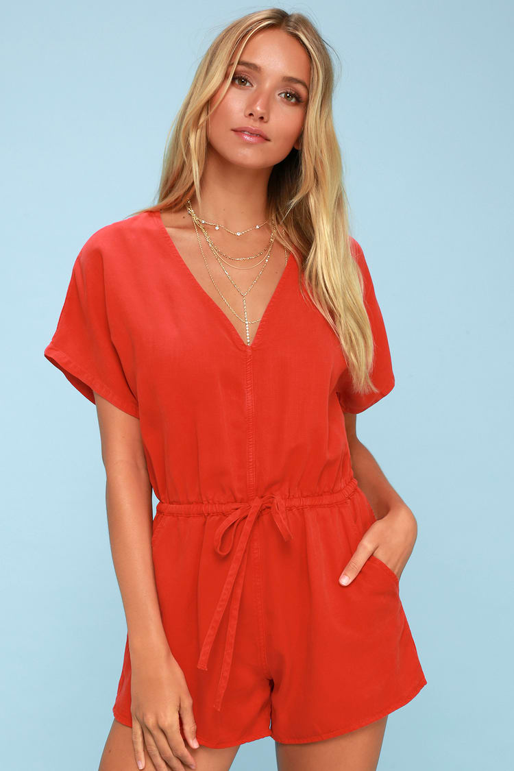 Obey Magdalena - Coral Red Romper - Dolman Sleeve Romper - Lulus