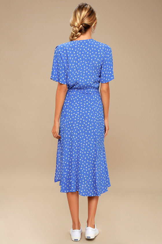 Blue and White Floral Print Dress - Wrap Dress - Midi Dress