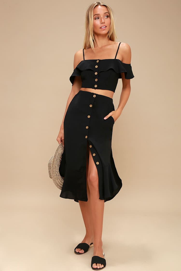 black off the shoulder button dress Off The Shoulder Button Dress by Lela Rose at THE MILE