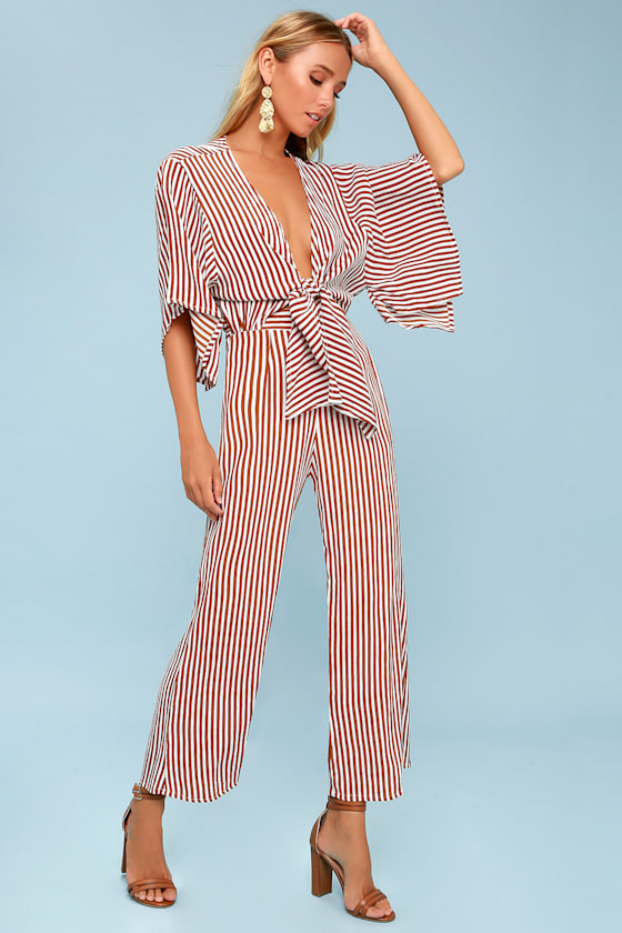 Tilos Rust Red Striped Tie-Front Jumpsuit 2