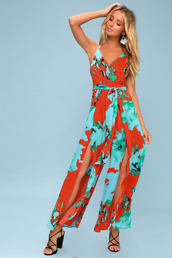 Alina Coral Red Floral Print Wide-leg Jumpsuit 1
