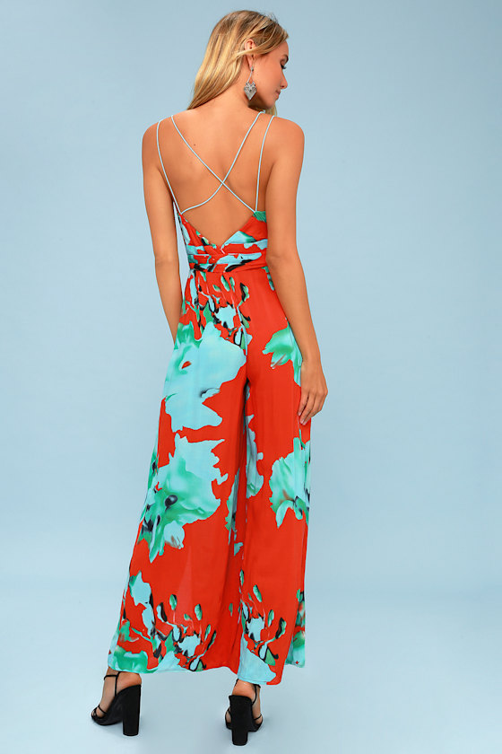 Alina Coral Red Floral Print Wide-leg Jumpsuit 3