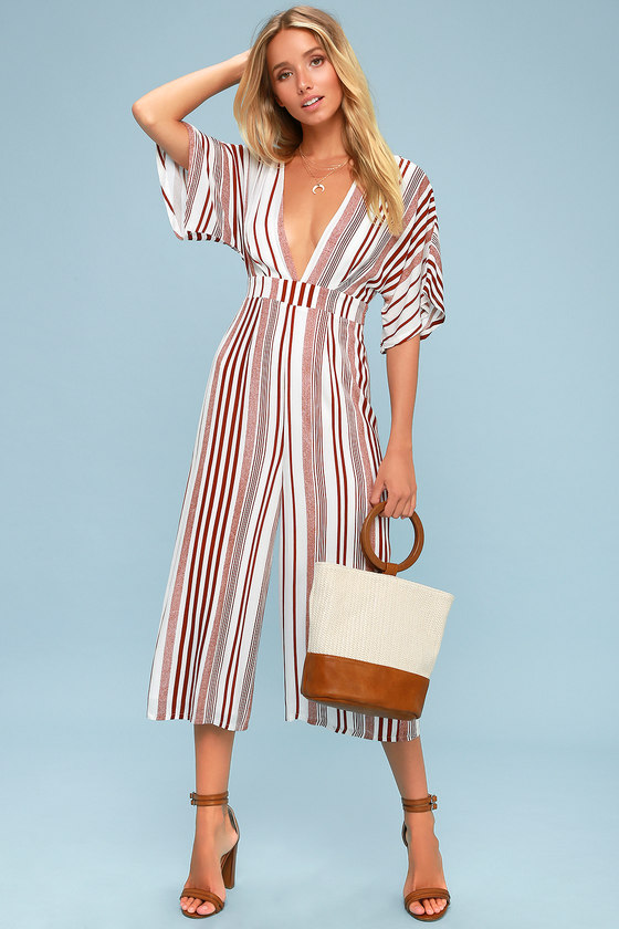 Chic Rust Red Striped Jumpsuit - Wide-Leg Jumpsuit - Lulus