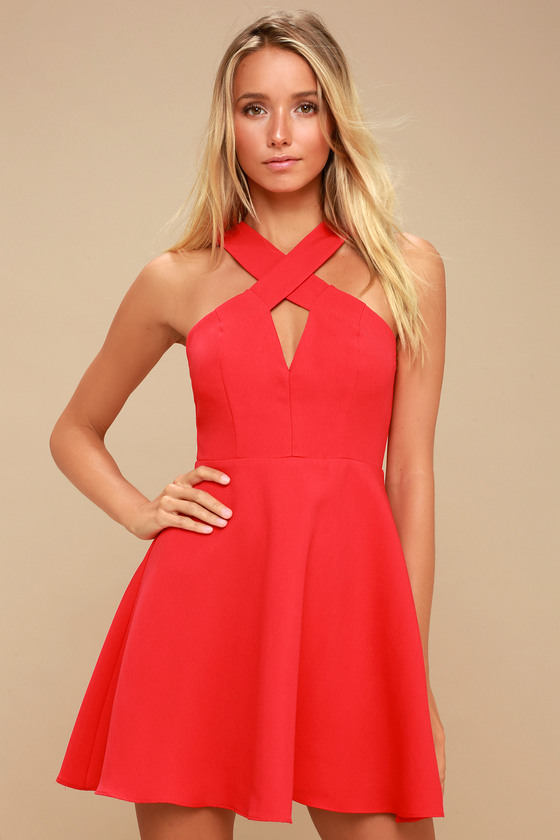 Cute Coral Red Dress - Skater Dress - Halter Dress - Lulus
