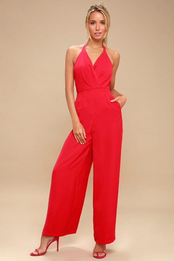 Ravina Red Halter Wide Leg Jumpsuit