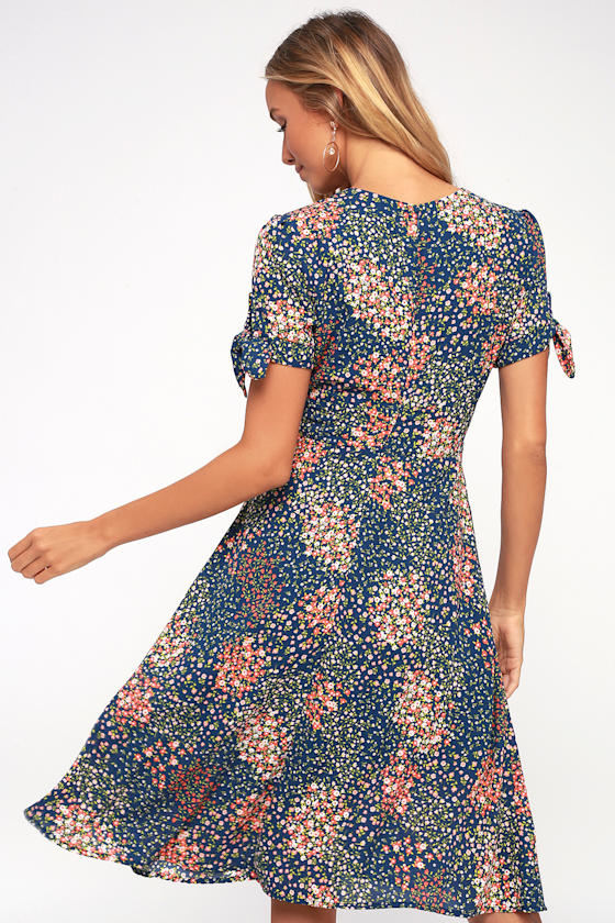 Austyn Navy Blue Floral Print Tie-Sleeve Midi Dress 4