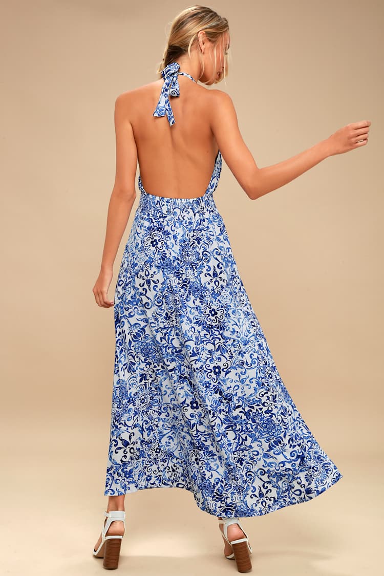 Senara Blue and White Floral Print Halter Maxi Dress