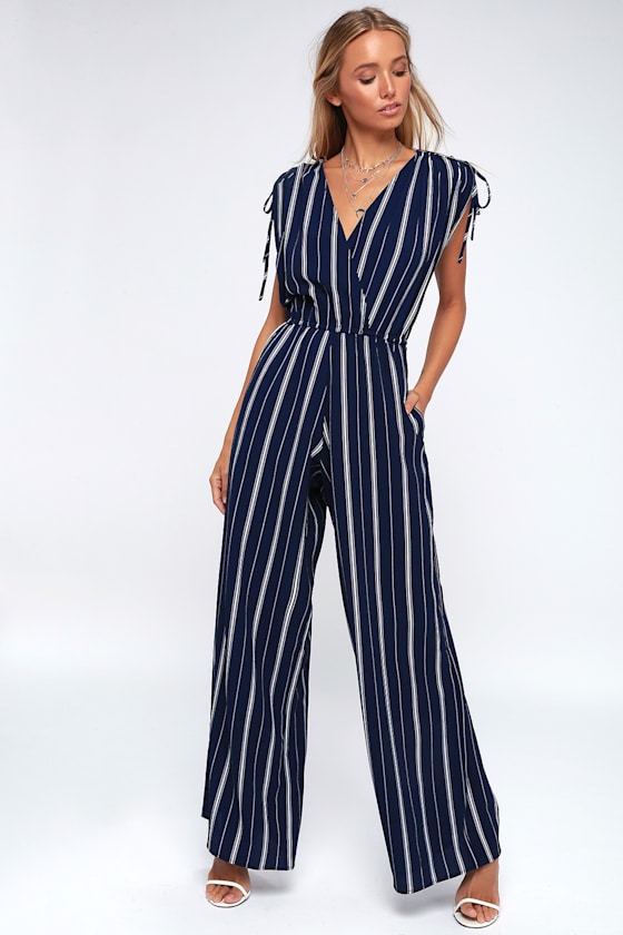 Cartagena Navy Blue and White Striped Wide-Leg Jumpsuit 1