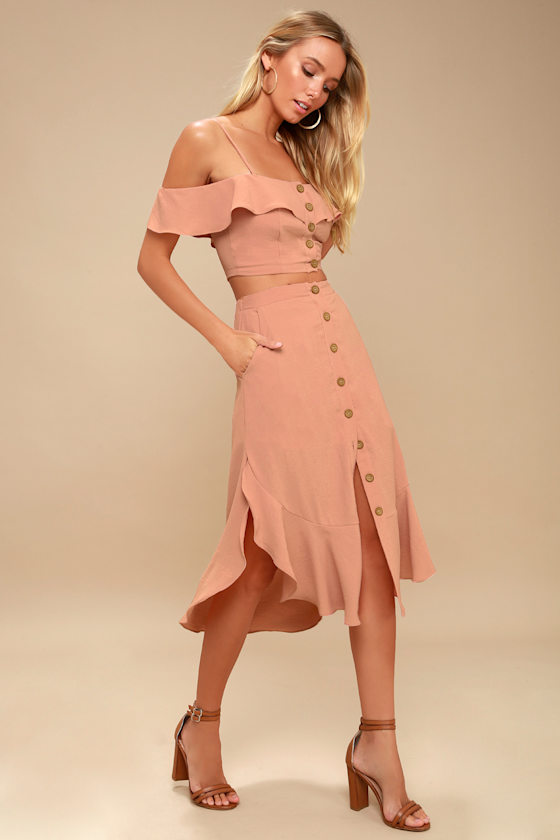 Malta Mauve Pink Off-the-Shoulder Button-Up Two-Piece Dress 3