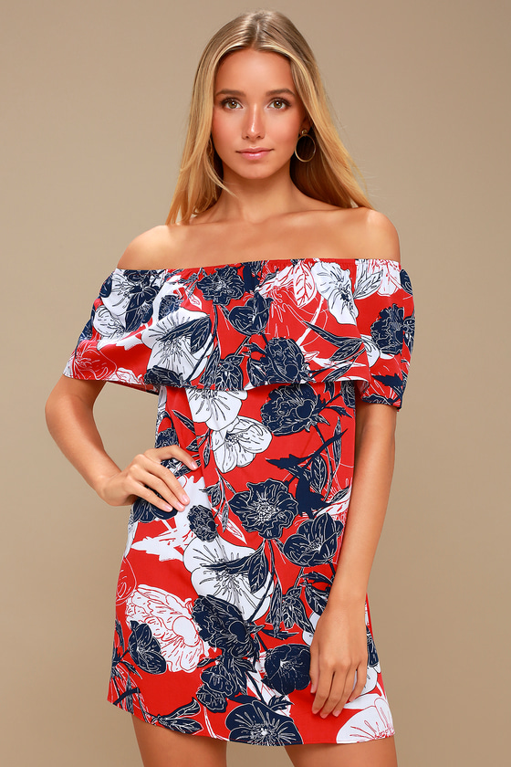 Meadow Red Floral Print Off-the-Shoulder Dress