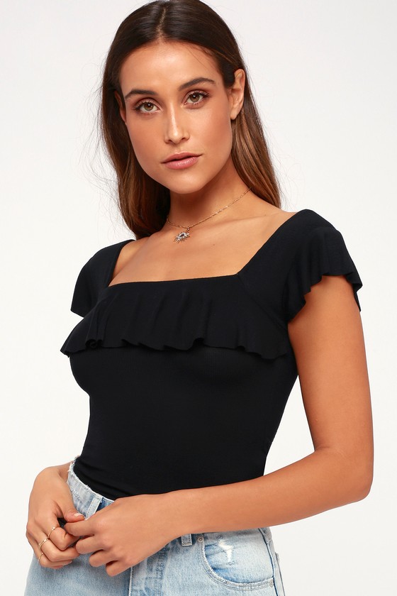 Free People Last Call - Black Ribbed Top - Ruffled Top - Lulus