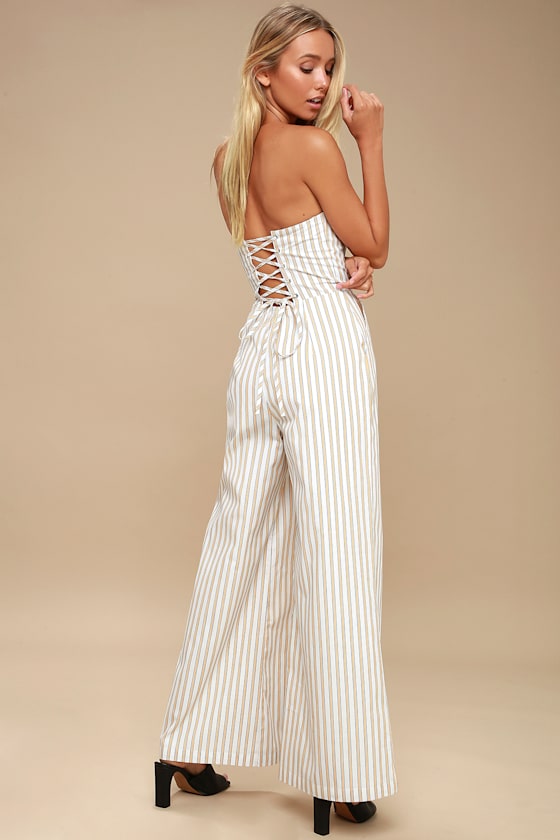 Sundaze White and Yellow Striped Lace-Up Strapless Jumpsuit 2