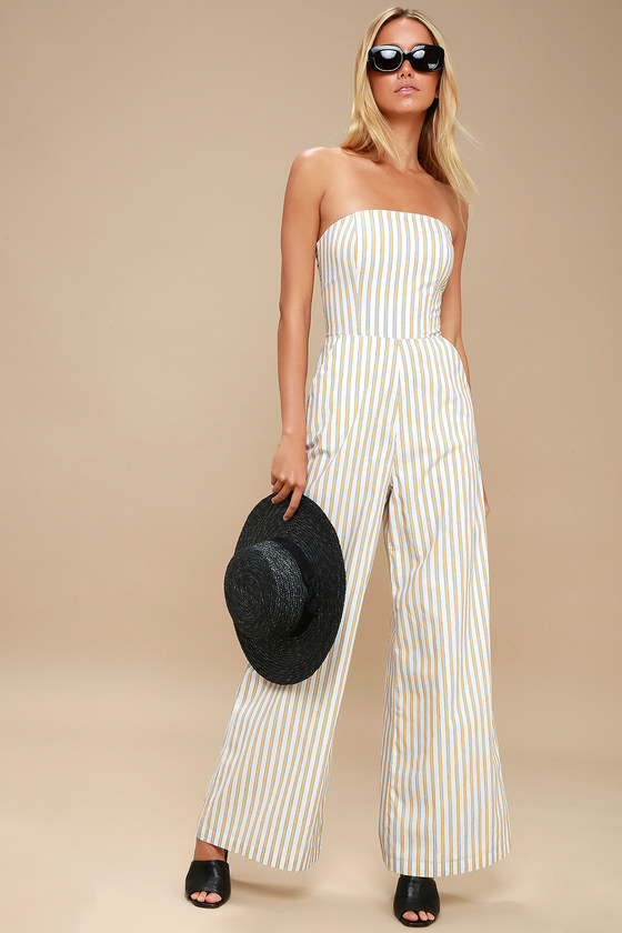 Sundaze White and Yellow Striped Lace-Up Strapless Jumpsuit