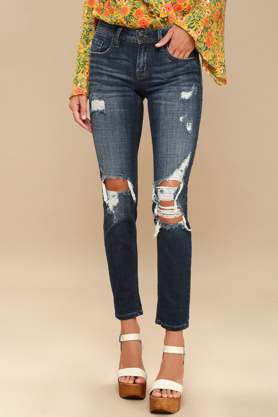 dark wash destroyed skinny jeans